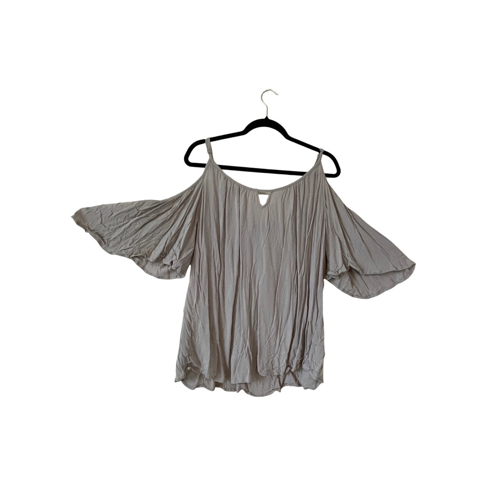 Torrid Womens Plus Size 1 Taupe Grey Cold Shoulder Flutter Sleeve Rayon Top